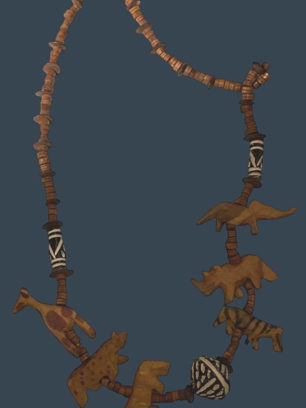 Vintage Wood Carved Animal Necklace Safari Themed Handmade  28” Disc Beads